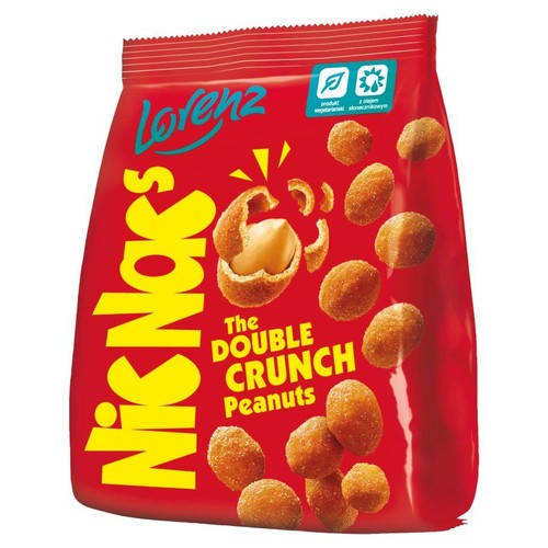 Czerwona torebka Lorenz NicNac's The Double Crunch Peanuts. Na opakowaniu grafika orzeszków ziemnych w chrupiącej panierce, jeden orzeszek jest przełamany. Produkt wegetariański, z olejem słonecznikowym.