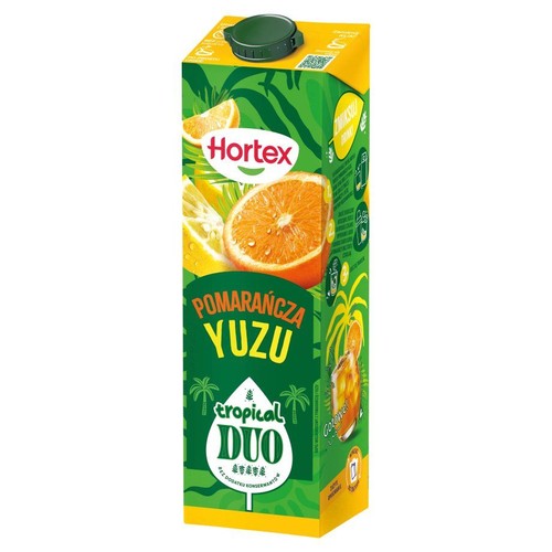 Karton napoju Hortex Tropical Duo Pomarańcza Yuzu o pojemności 1 litra. Opakowanie jest zielono-żółte, z grafiką przekrojonych pomarańczy i owoców yuzu. Na etykiecie widnieje napis "bez dodatku konserwantów".