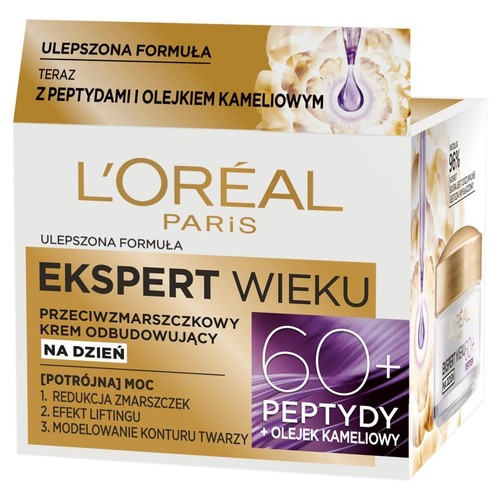 Kartonowe opakowanie kremu L'Oréal Paris Ekspert Wieku 60+ na dzień. Produkt przeznaczony dla osób powyżej 60 roku życia. Ulepszona formuła z peptydami i olejkiem kameliowym zapewnia redukcję zmarszczek, efekt liftingu oraz modelowanie konturu twarzy.