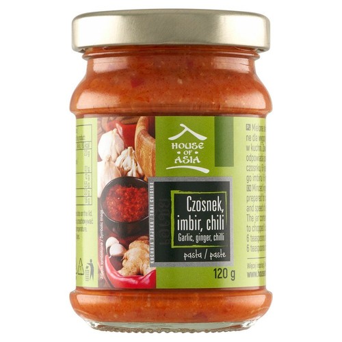 Produkt House of Asia: pasta czosnek, imbir, chili, 120g. Słoik z czerwoną pastą, z zielono-czarną etykietą. Na etykiecie widoczne są ilustracje czosnku, imbiru i papryczki chili, oraz logo marki.