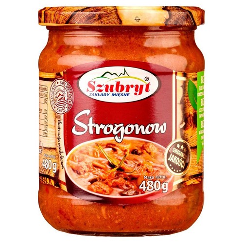Szklany słoik z gulaszem Strogonow marki Szubryt, masa netto 480g. Etykieta w kolorze czerwonym z grafiką dania i informacją "Gwarancja Jakości". Wieczko z deseniem drewna.