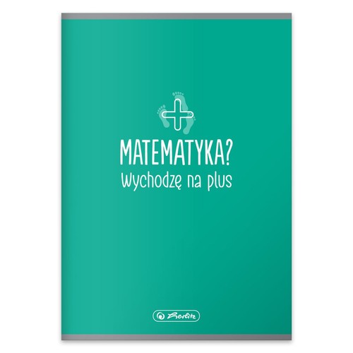 Turkusowa okładka zeszytu Herlitz z białym napisem "MATEMATYKA? Wychodzę na plus" oraz grafiką plusa z małymi odciskami stóp. Idealny dla uczniów.