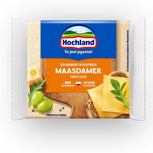 Opakowanie sera Hochland Maasdamer w plastrach. Na etykiecie napis "To jest pyszne!" i "Bez konserwantów".