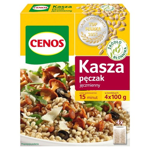 Kasza pęczak jęczmienna CenOS w żółtym pudełku. Zawiera 4 torebki po 100g. Gotowa w 15 minut. Nagroda "Top Marka 2025".