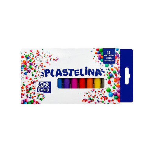 Oxford Plastelina, 12 kolorów, 200g + 20% gratis. Opakowanie z kolorowymi kropkami, widoczne sztyfty plasteliny.