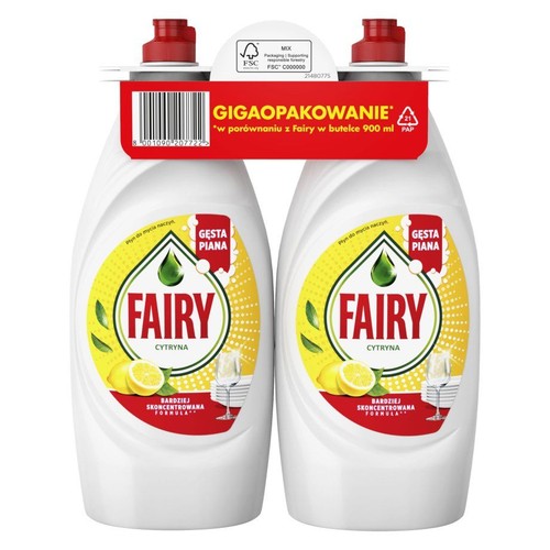 Zestaw dwóch butelek płynu do mycia naczyń Fairy o zapachu cytrynowym, po 900 ml każda. Opakowanie zbiorcze.