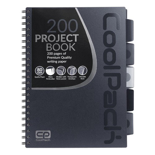 Czarny zeszyt spiralny CoolPack 200 Project Book z 200 stronami wysokiej jakości papieru 80 GSM. Posiada mikroperforację, przekładki z kieszenią na notatki, przezroczystą kopertę i ruchomą linijkę. Idealny do organizacji projektów.
