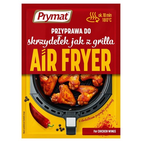 Prymat Przyprawa do skrzydełek AIR FRYER. Czerwono-żółte opakowanie z ilustracją skrzydełek kurczaka i papryczki chili.