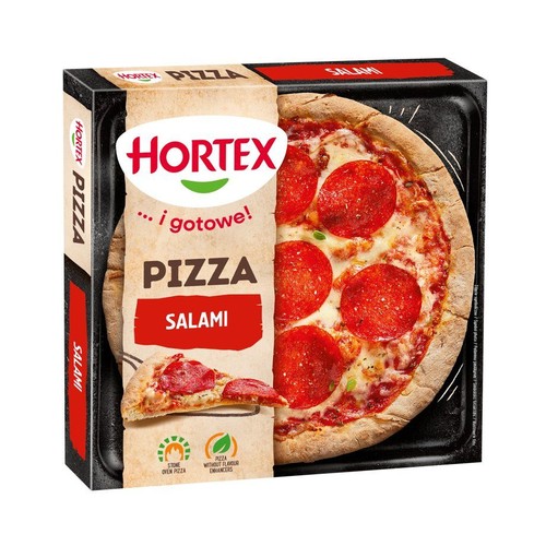 Hortex Pizza Salami, gotowa do pieczenia. Na opakowaniu obrazek pizzy z pieca kamiennego.