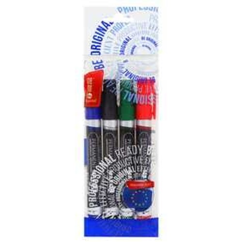 Cztery markery permanentne w plastikowym opakowaniu. Każdy marker ma srebrny korpus i kolorową skuwkę: niebieską, czarną, zieloną i czerwoną. Na opakowaniu widoczne są hasła 'Bądź oryginalny' i 'Profesjonalny'. Produkt do pisania.