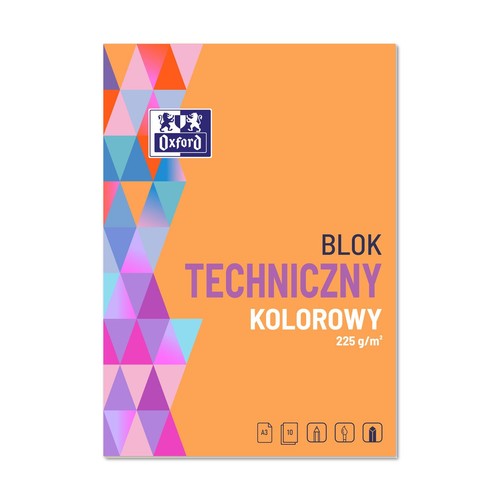 Blok techniczny Oxford, kolorowy, format A3, 10 arkuszy, gramatura 225 g/m². Idealny do rysowania i malowania.