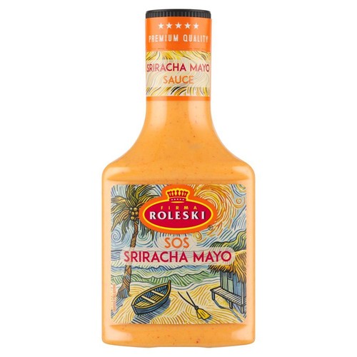 Butelka sosu Sriracha Mayo marki Roleski. Na etykiecie tropikalna grafika z palmami i łodzią. Czarna zakrętka z napisem "Najwyższa jakość".