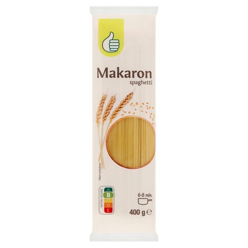 Makaron spaghetti w białym opakowaniu 400 g. Na etykiecie grafika pszenicy i okienko z produktem. Wskazany czas gotowania 6-8 minut.