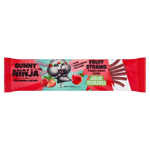 Przekąska owocowa Bunny Ninja Fruit Straws, smak jabłko i truskawka. Czerwone opakowanie z rysunkiem królika.