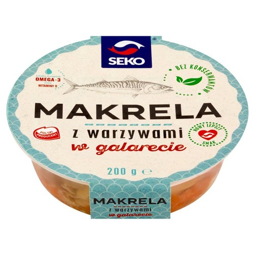 Produkt SEKO: makrela z warzywami w galarecie, w okrągłym pojemniku 200g. Na wieczku widoczny rysunek ryby. Zawiera Omega-3 i Witaminę D. Bez dodatku konserwantów. Polski producent.