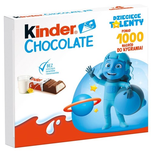 Opakowanie Kinder Chocolate z grafiką batonika, szklanki mleka i cytryny. Na pudełku widnieje napis "Bez sztucznych barwników i konserwantów" oraz ilustracja niebieskiej postaci z kreskówki na tle kosmosu.