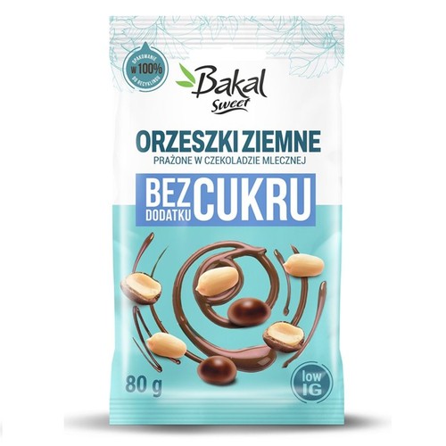 Opakowanie Bakal Sweet Orzeszki Ziemne prażone w czekoladzie mlecznej, bez dodatku cukru. Waga 80 g.