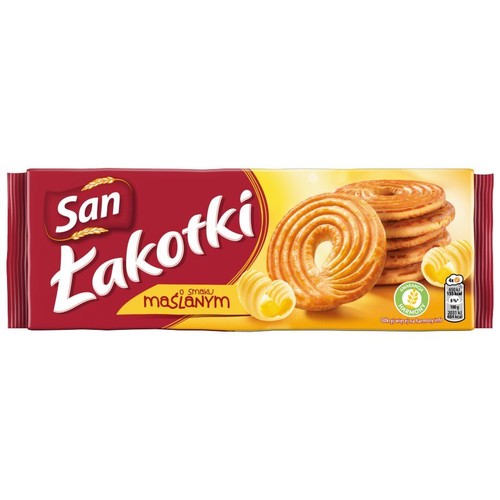 Opakowanie ciastek San Łakotki o smaku maślanym. Czerwono-żółta folia z grafiką okrągłych, spiralnych ciastek.