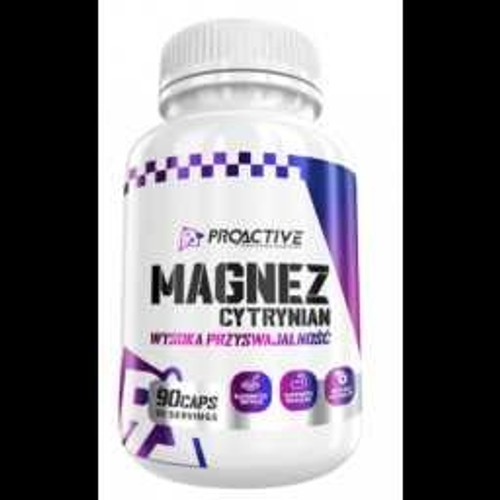 Suplement Proactive Magnez Cytrynian w białej butelce. Zawiera 90 kapsułek, zapewniając wysoką przyswajalność.