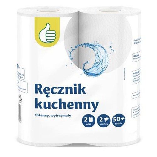 Dwa białe ręczniki kuchenne w opakowaniu foliowym. Produkt jest chłonny i wytrzymały, każda rolka ma 2 warstwy i 50 listków. Na opakowaniu widoczna jest żółta ikona kciuka w górę oraz grafika niebieskiego rozprysku wody.