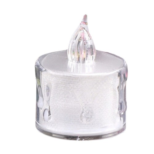 Przezroczysta świeczka LED typu tealight, wykonana z plastiku, z imitacją płomienia na górze. Posiada cylindryczną podstawę z efektem topiącego się wosku na bokach i matowym, białym wnętrzem. Idealna do dekoracji.