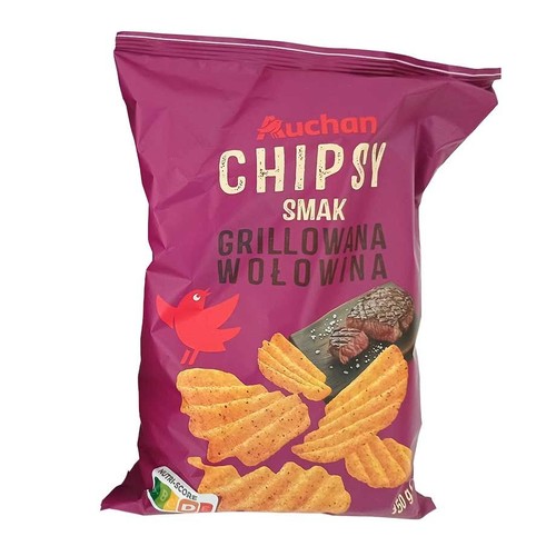 Auchan Chipsy o smaku grillowanej wołowiny, opakowanie 350 g. Na fioletowej paczce faliste chipsy i stek wołowy.