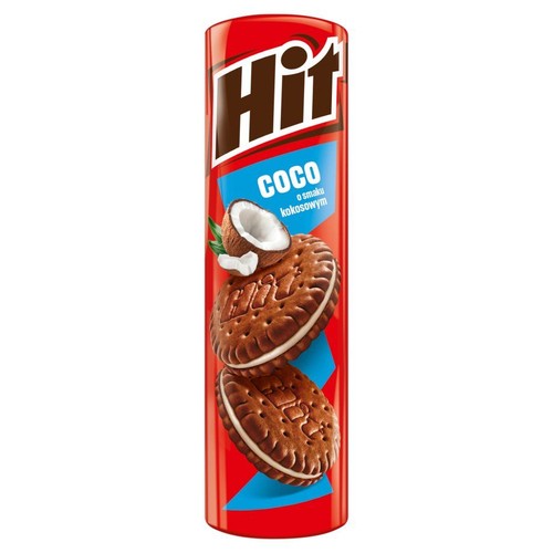Czerwone opakowanie ciastek Hit Coco o smaku kokosowym. Na etykiecie grafika dwóch czekoladowych ciastek z kremem i połówki kokosa.