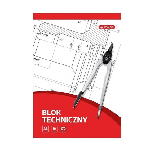 Blok techniczny A3 Berlitz, 10 arkuszy, 170 g/m². Na okładce rysunek techniczny i cyrkiel.