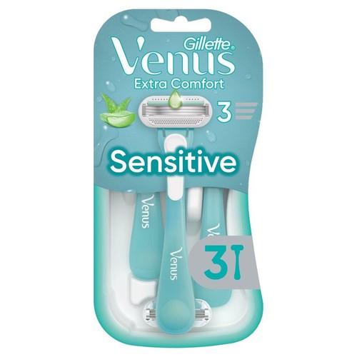 Gillette Venus Extra Comfort Sensitive, maszynka do golenia z 2 wymiennymi główkami, w turkusowym opakowaniu.