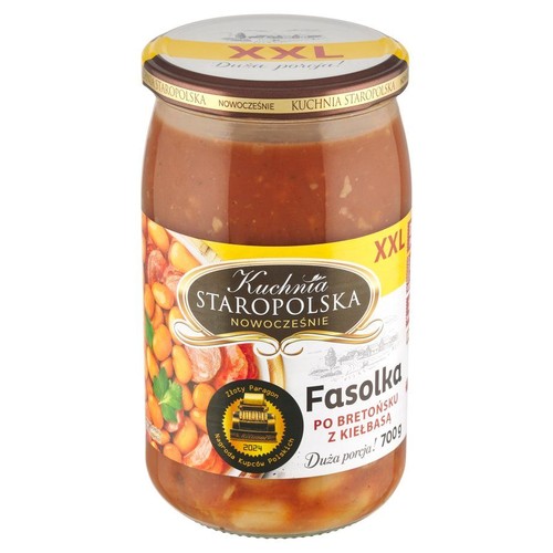 Fasolka po bretońsku z kiełbasą marki Kuchnia Staropolska Nowocześnie. Produkt w szklanym słoiku, waga 700g.
