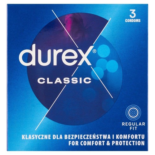 Opakowanie 3 prezerwatyw Durex Classic. Niebieskie pudełko z białym logo i opisem "Regular Fit".
