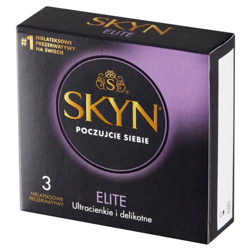Czarne opakowanie prezerwatyw SKYN Elite, nielateksowych. Widoczna liczba 3 sztuk oraz hasło "Poczujcie siebie".