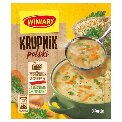 Opakowanie zupki Winiary Krupnik Polski. Przedstawia miskę krupniku z marchewką i pietruszką oraz składniki: jęczmień, ziemniaki, marchew. 3 porcje.