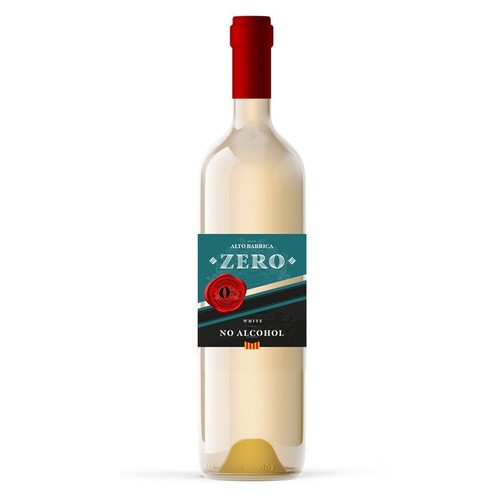 Butelka białego wina bezalkoholowego Alto Barrica Zero. Ma czerwoną folię na szyjce. Etykieta w odcieniach turkusu i czerni, z napisem "ZERO" i grafiką czerwonej pieczęci z cyfrą "0". Produkt jest oznaczony jako "NO ALCOHOL".
