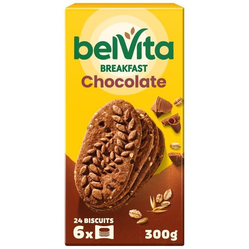 Belvita Breakfast Ciastka kakaowe, 300g. Opakowanie z grafiką owalnych ciastek z ziarnami i kawałkami czekolady.