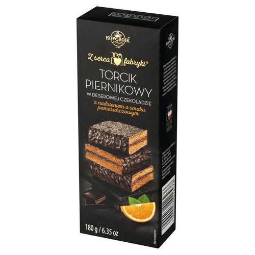 Czarne opakowanie Torcika Piernikowego Kopernik, 180 g. Pierniki w czekoladzie z pomarańczowym nadzieniem.