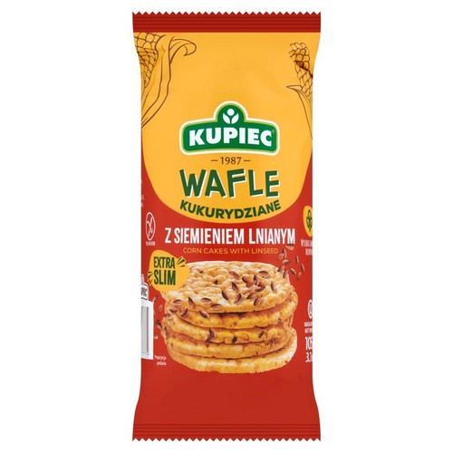 Opakowanie wafli kukurydzianych Kupiec z siemieniem lnianym, 105g. Na opakowaniu stos wafli i kłosy kukurydzy.
