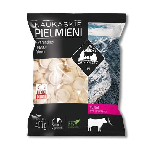 Pielmieni wołowe Mooroz, 400g. Gotowe w 7 minut. Opakowanie z grafiką gór i przezroczystym okienkiem.