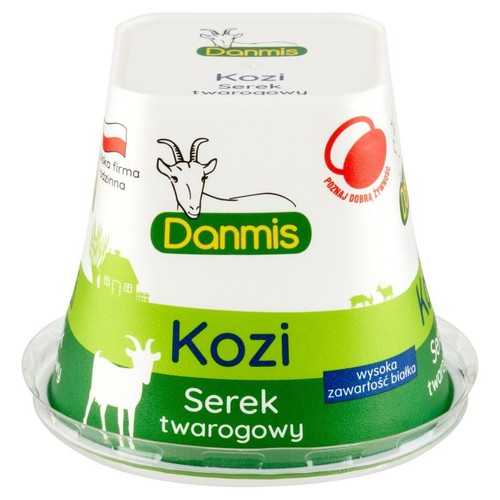 Kubek serka koziego twarogowego Danmis. Biało-zielone opakowanie z rysunkiem kozy i hasłem "Poznaj dobra żywność".