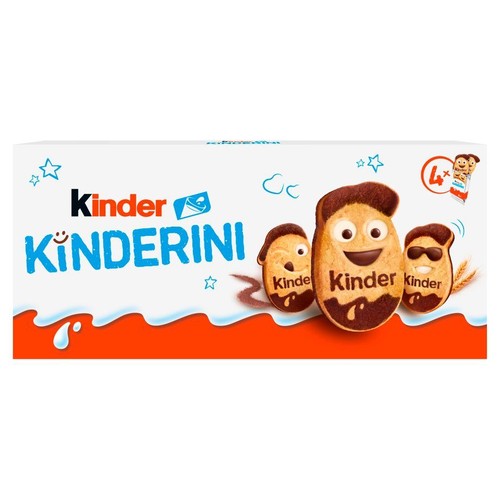 Białe opakowanie ciastek Kinderini 100g z trzema uśmiechniętymi postaciami ciastek w kształcie jajek, częściowo oblanych czekoladą.