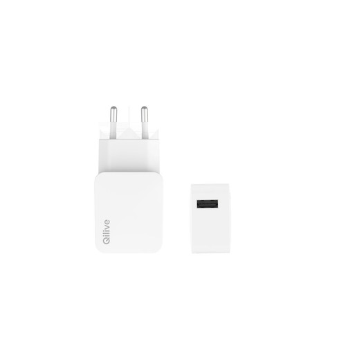 Zestaw: biała ładowarka sieciowa Qilive z wtyczką EU oraz biały adapter USB.