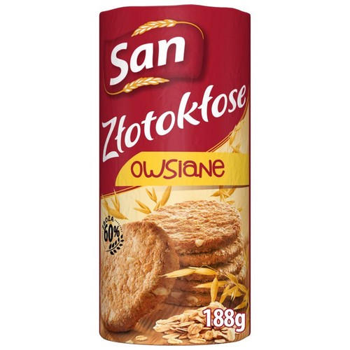 Opakowanie ciastek owsianych San Złotokłose, 188g. Czerwone tło, grafika ciastek i ziaren owsa. Zawiera 60% zbóż.