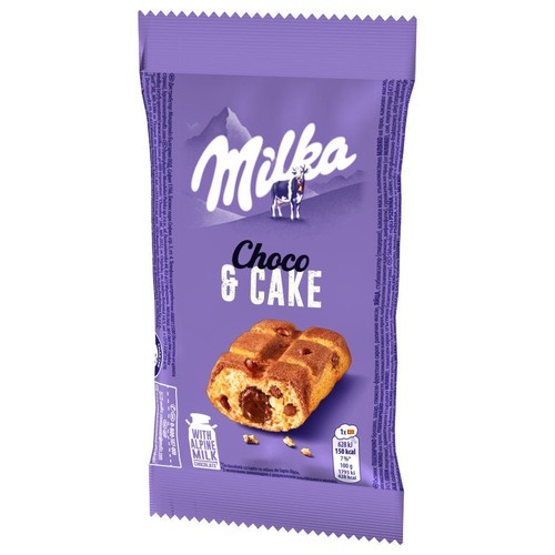 Milka Choco & Cake, fioletowe opakowanie z grafiką ciastka z czekoladowym nadzieniem i mleczną czekoladą alpejską.