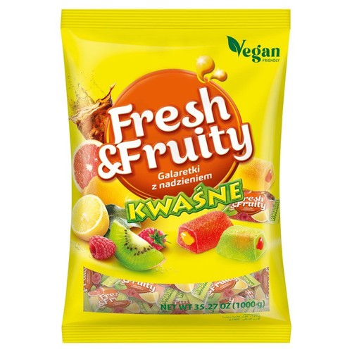 Żółta torebka galaretek Fresh & Fruity Kwaśne z nadzieniem, 1000 g. Z przodu grafiki owoców i przekrojonych galaretek.
