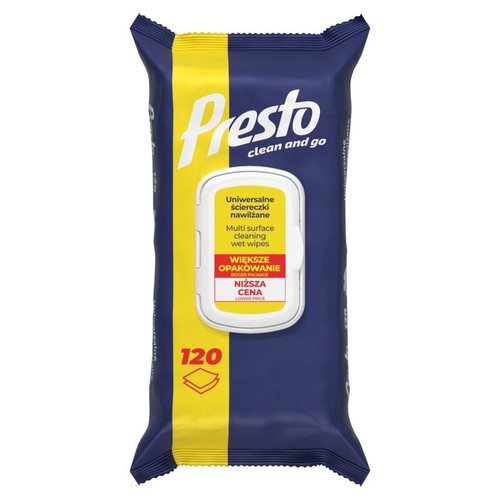 Opakowanie uniwersalnych ściereczek nawilżanych Presto clean and go, 120 sztuk. Większe opakowanie, niższa cena.