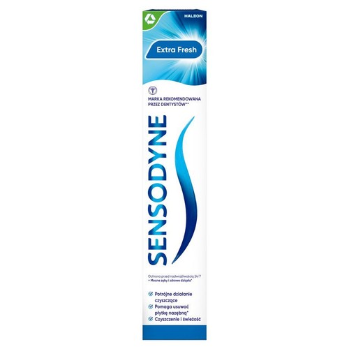 Opakowanie pasty Sensodyne Extra Fresh. Oferuje ochronę przed nadwrażliwością i pomaga usuwać płytkę nazębną.
