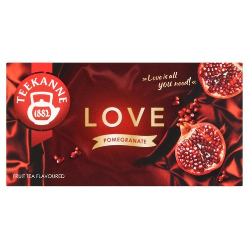 Herbata owocowa Teekanne Love Pomegranate. Czerwone pudełko z grafiką granatu i napisem "Miłość to wszystko, czego potrzebujesz!".
