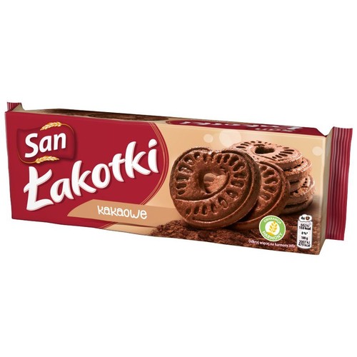 Ciemnoczerwone opakowanie ciastek San Łakotki kakaowe. Na nim grafika kakaowych ciastek z wzorem serca.