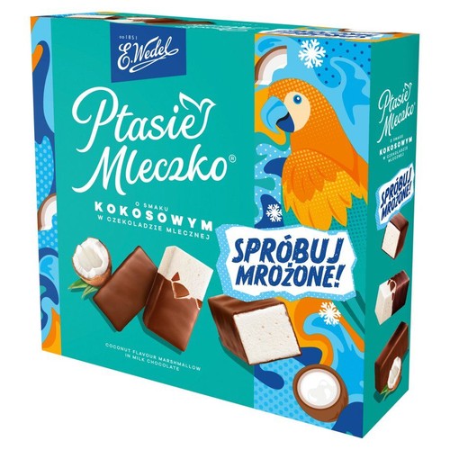 Opakowanie Ptasiego Mleczka E. Wedel o smaku kokosowym w czekoladzie mlecznej. Widoczne kawałki pianek i kokos.