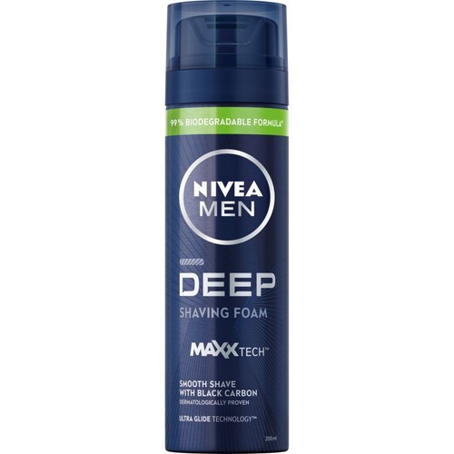 Nivea Men Deep pianka do golenia, 200 ml. Ciemnoniebieska butelka z zielonym paskiem i napisem "99% biodegradowalna formuła".